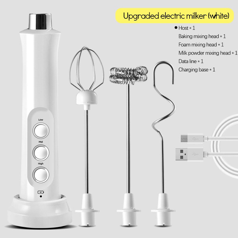 USB Electric Milk Frother 3 Speeds Cappuccino Coffee Foamer 3 Whisk Handheld Egg Beater Hot Chocolate Latte Drink Mixer Blender