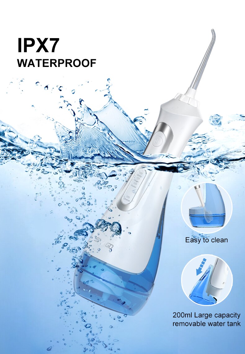 USB Rechargeable Water Flosser Oral Irrigator Dental Portable 3 Modes 200ML Tank Water Jet Waterproof IPX7 Home