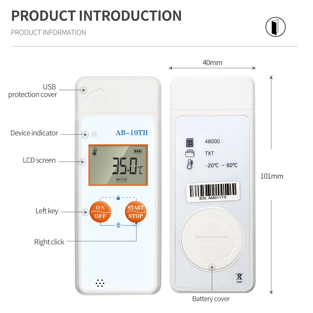 AB-10TH Temperature & Humidity logger USB Temp Data Logger ReusableTemperature Humidity Recorder Recording Meter 48,000 Capacity