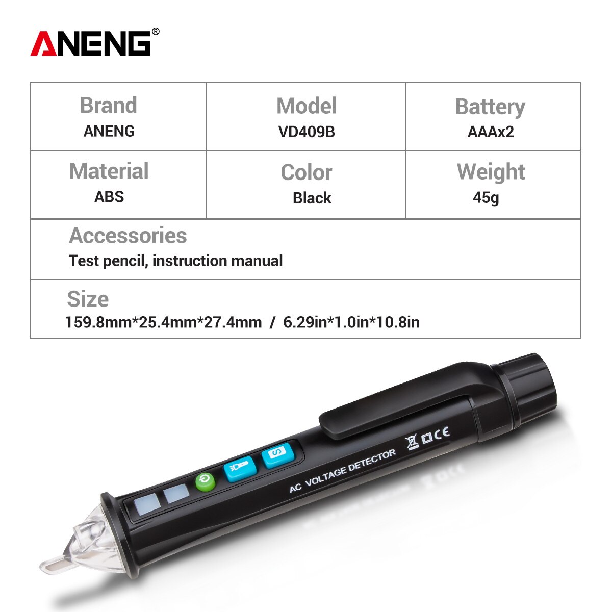 ANENG VD409B Non-Contact AC Voltage Detector Tester Meter 12V-1000v Pen Style Electric Indicator LED Outlet Voltage Dectetor