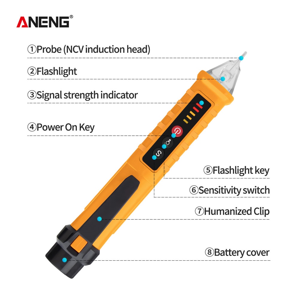 ANENG VD802 Portable Non-Contact AC Detector Tester NCV Sensitivity Pen Style Electric Indicator LED Voltage Meter Vape 12-1000v