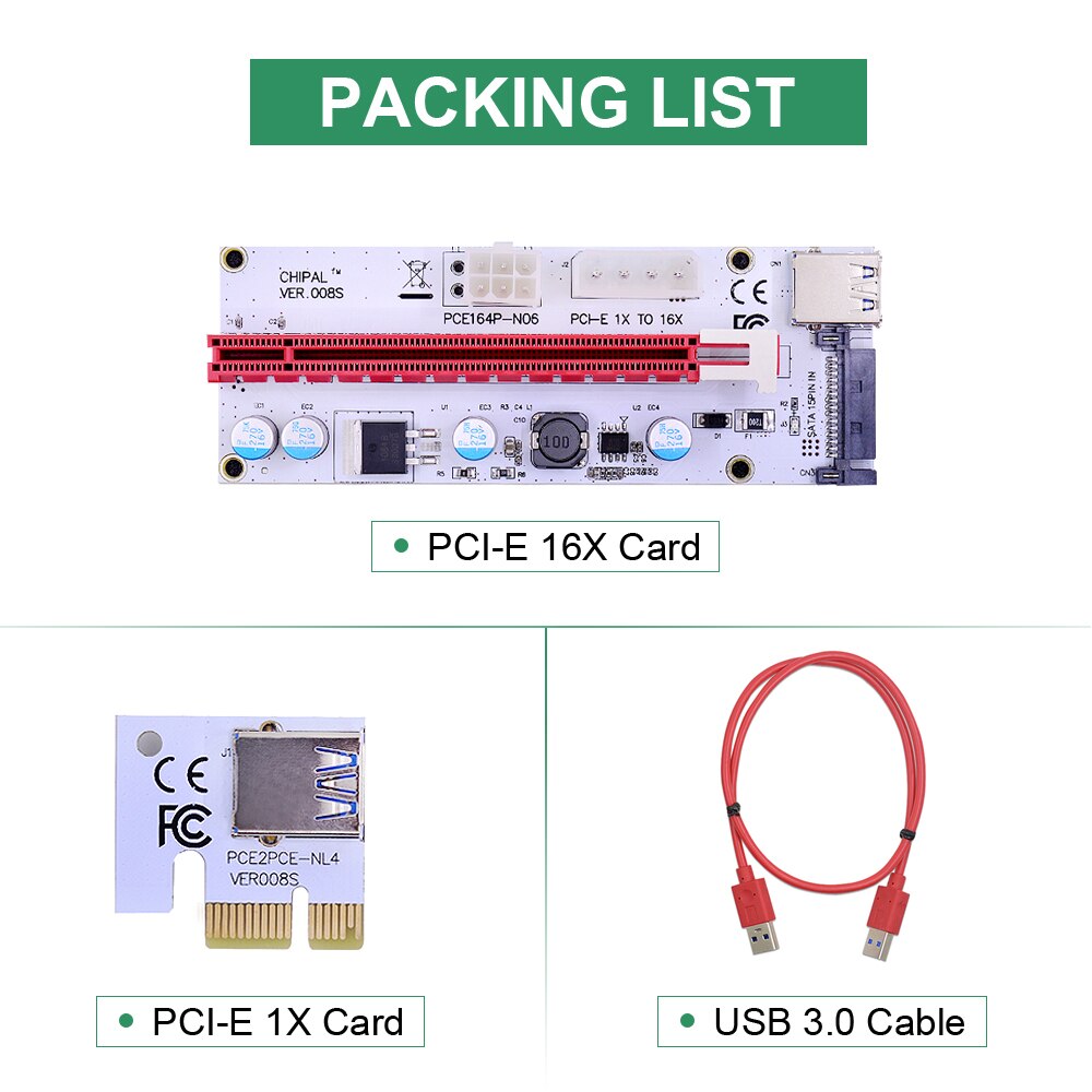 VER008S 60CM 100CM PCI-E Riser Card 008S PCI Express 1X to 16X Extension 4Pin 6Pin 15Pin SATA Power LED for Video Card