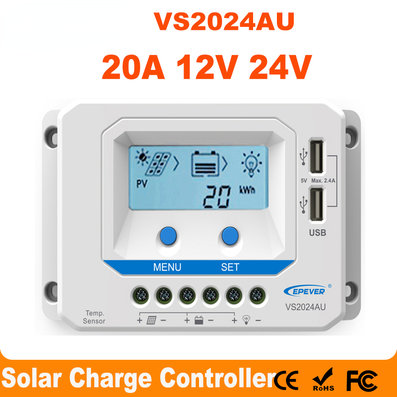 VS2024AU 20A Solar Charge Controller 12V 24V Backlight LCD Dual USB 5V Solar Panel Regulator Common Positive For Home