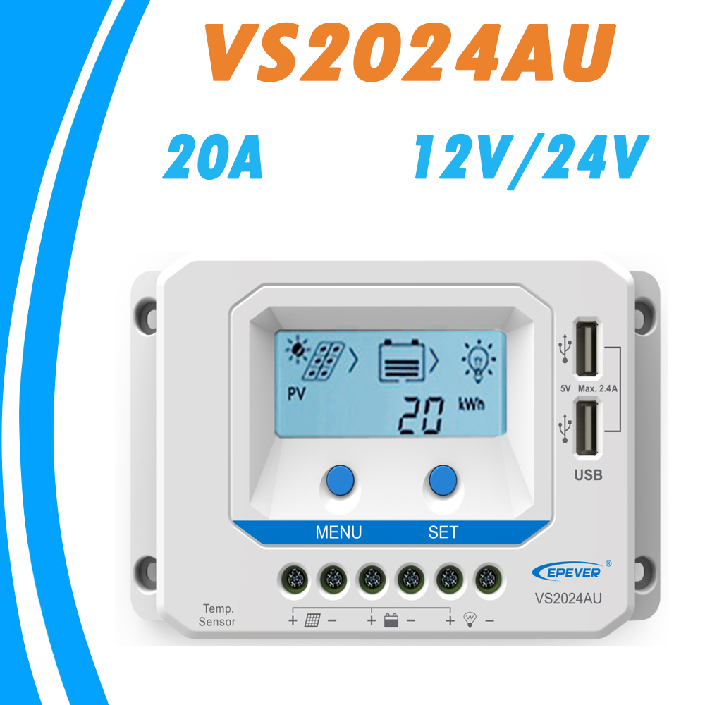 VS2024AU 20A Solar Charge Controller 12V 24V Backlight LCD Dual USB 5V Solar Panel Regulator Common Positive For Home