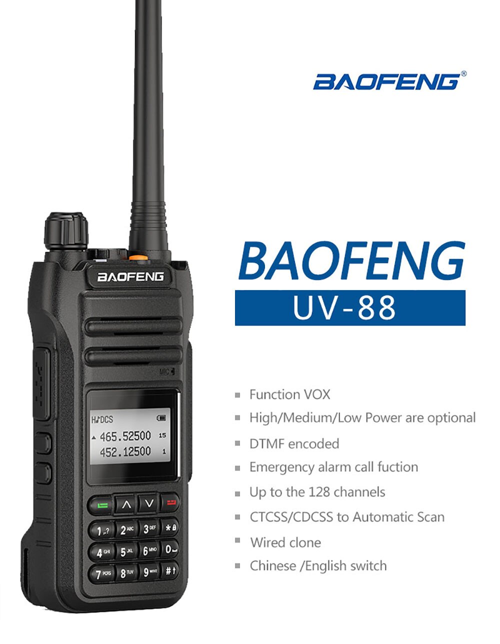 Baofeng UV-88 Walkie Talkie High Power 10W Amateur Two way Radio Station UV88 Tri-Power 10/5/1W Dual Band Transceiver UV-5R