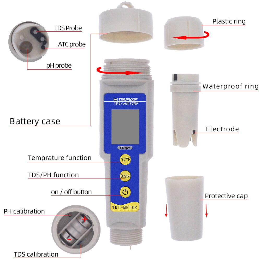 Multi-parameter 3 in 1 Waterproof pH/TDS & Temp meter Digital PH Meter 0.01 ATC Water Quality Acidometer for Aquarium