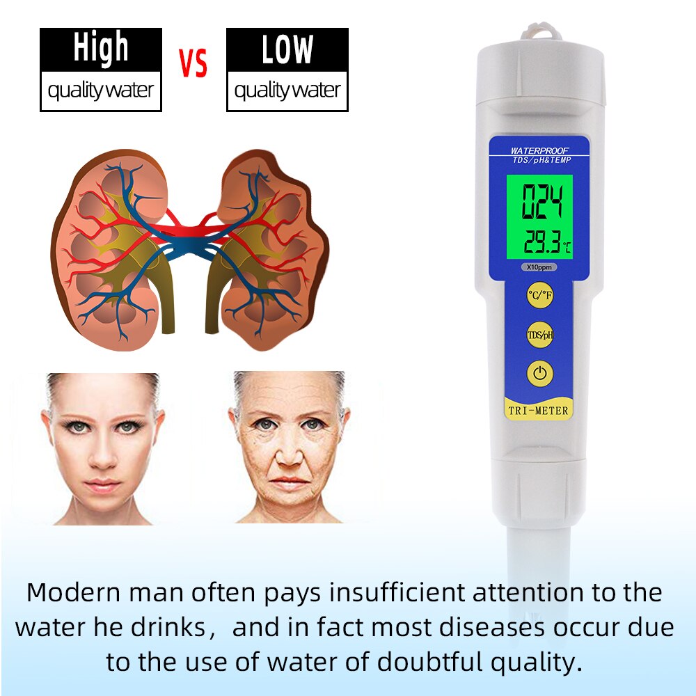 Multi-parameter 3 in 1 Waterproof pH/TDS & Temp meter Digital PH Meter 0.01 ATC Water Quality Acidometer for Aquarium