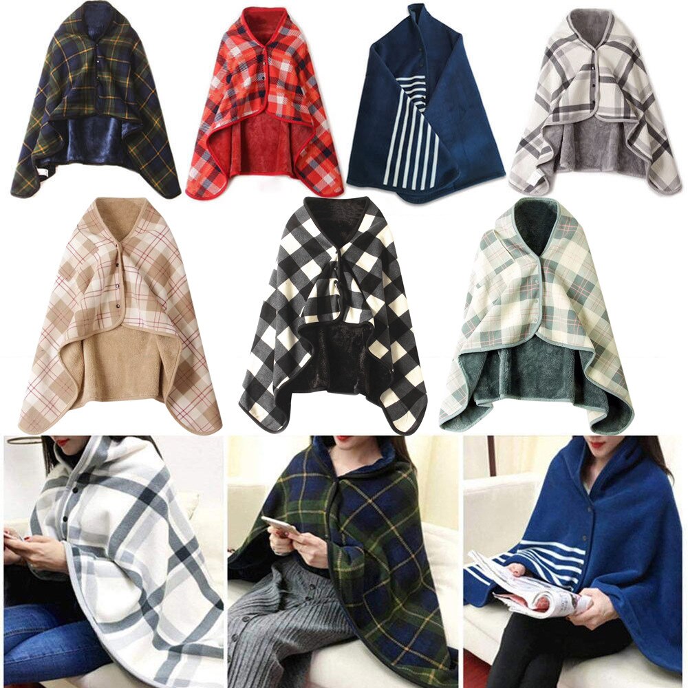 Wearable Plaid Blanket Fleece Doublelayer Blankets With Button Thicken Multifunction Winter Warm Throw Blanket For Sofa Bed