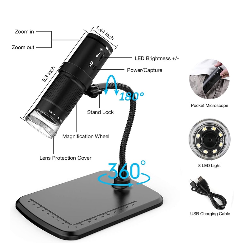 Wireless Digital Microscope WiFi 1080P Endoscope Camera1000x with Lift Stand Pocket Microscope with 8 LED Light Magnifier