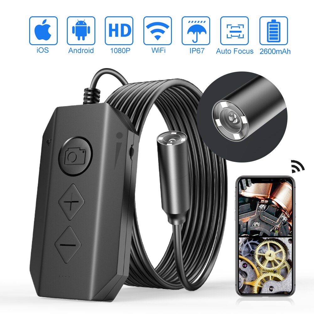 Auto Focus Wireless Endoscope IP67 Waterproof WiFi Borescope Inspection 5.0 Megapixels 4X Zoom Snake Camera for Android and iOS