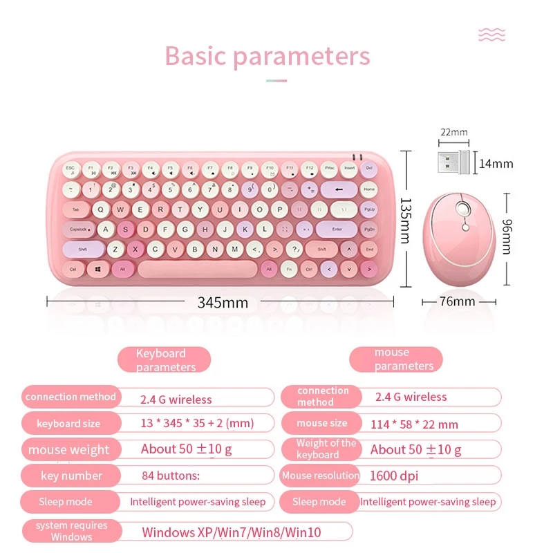 Wireless Keyboard Mouse Set 2.4G 1600DPI Wireless Mouse Retro Vintage Punk Colorful 84 Round Keys Home Office For PC Laptop New