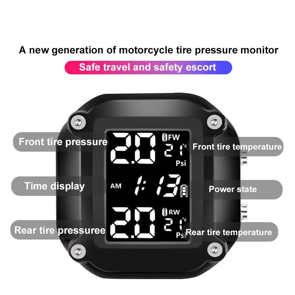 Wireless LCD Display Motorcycle TPMS Tyre Temperature With 2 External Sensors Motor Tire Pressure Monitoring Alarm System