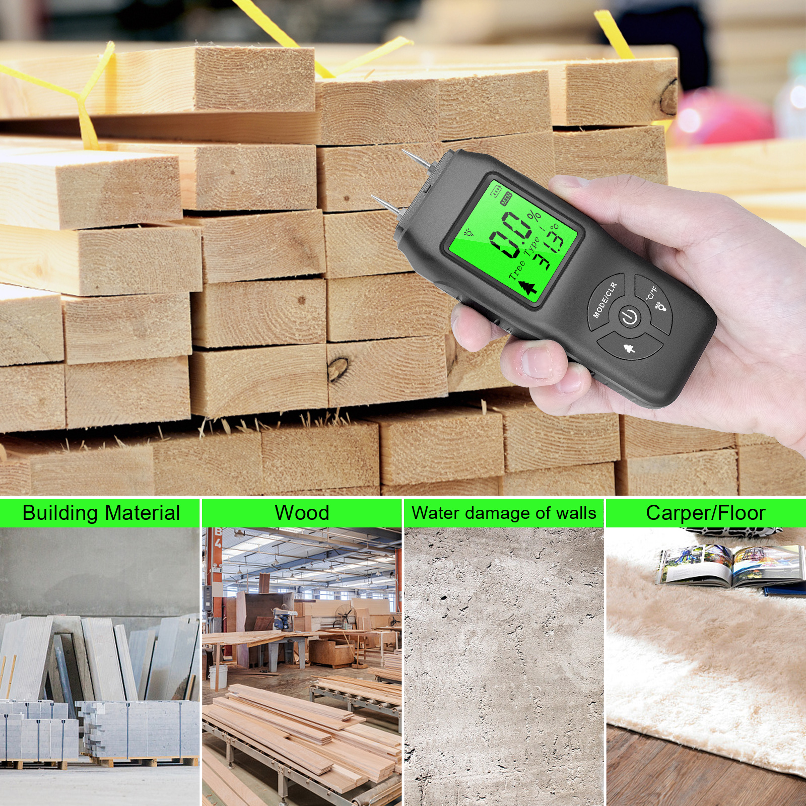 Wood Moisture Meter Digital Timber Hygrometer Portable Timber Damp Detector Tool LCD Display Wood Humidity Tester