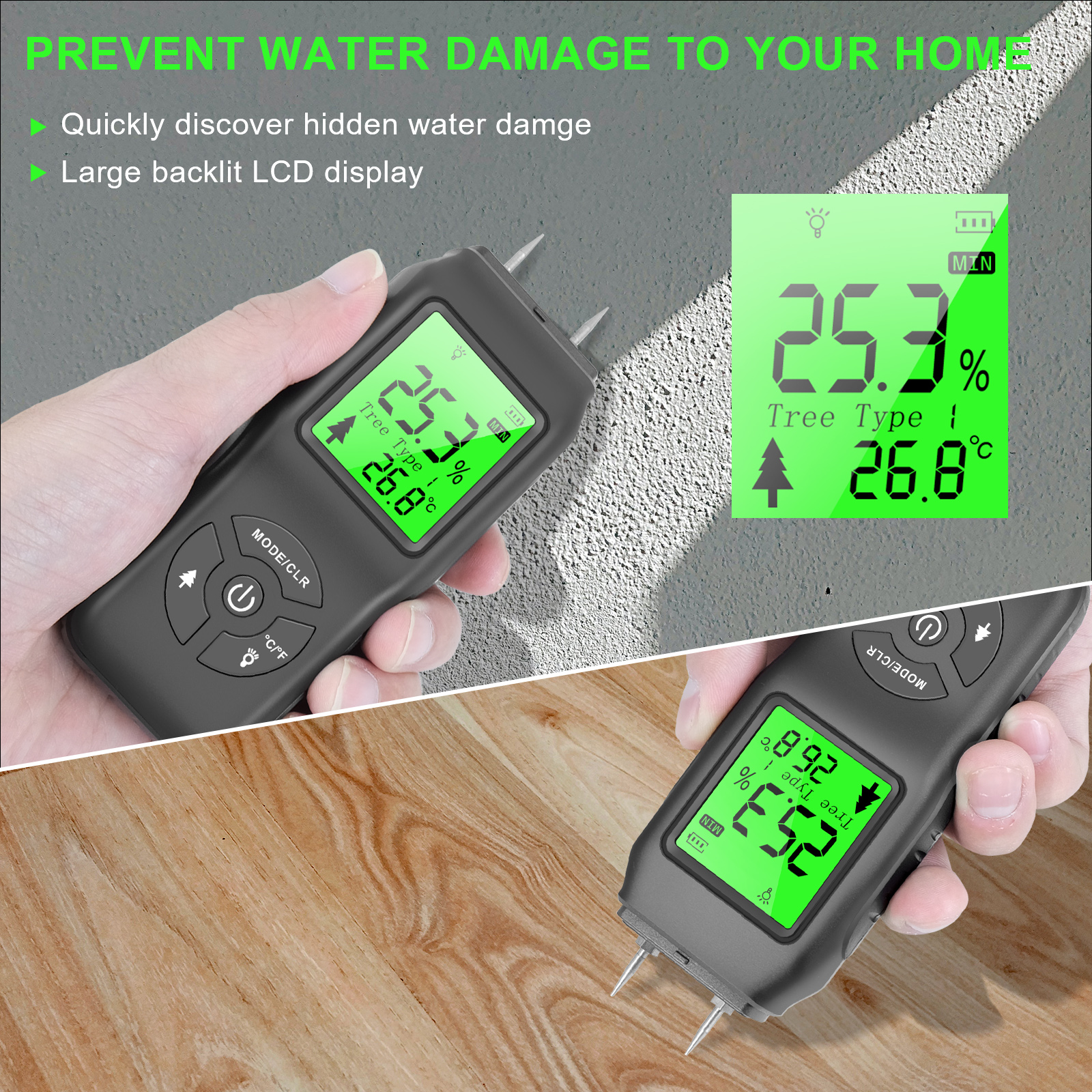 Wood Moisture Meter Digital Timber Hygrometer Portable Timber Damp Detector Tool LCD Display Wood Humidity Tester