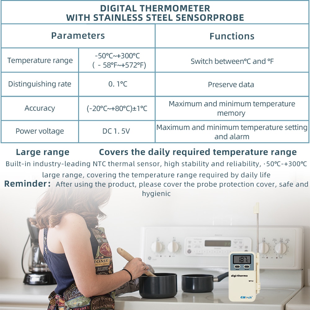 WT-2 Digital Thermometer -50 ℃-- +300℃ Kitchen Cooking Food Thermometer Preserve Data stainless steel sensorprobe