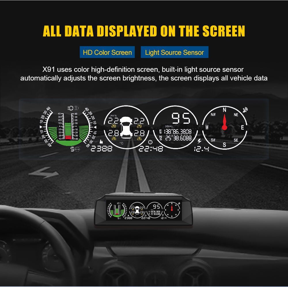 AUTOOL X91 Car 3in1 GPS TPMS HUD Universal for All Vehicle Speed Slope Meter Inclinometer Clock Compass Pitch Tilt Angle Protra