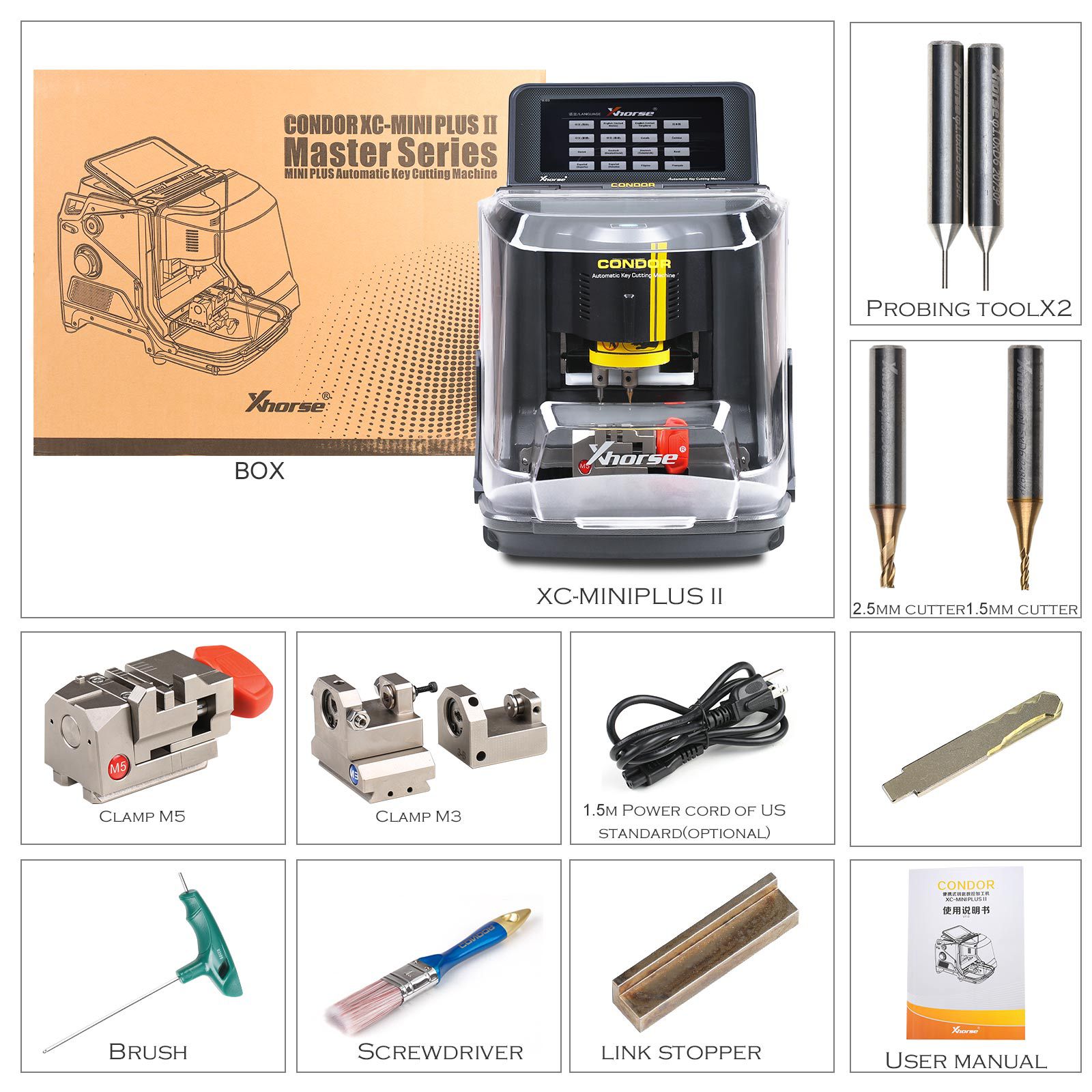 Xhorse Condor XC-MINI Plus II Key Cutting Machine Support Car Motorbike Household Keys with Free M3 and M5 Clamps