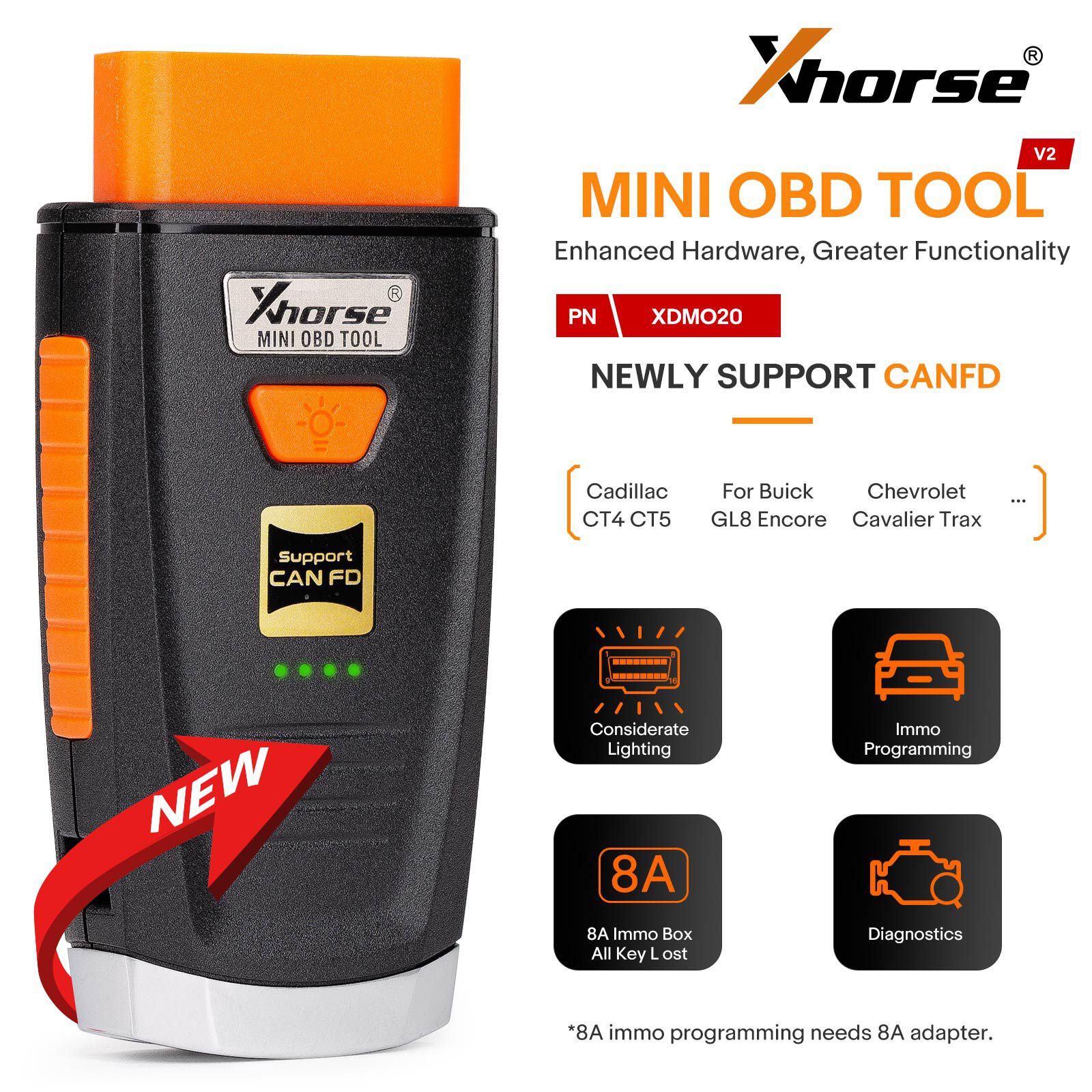 2025 Xhorse Mini OBD Tool V2 XDMO20 Newly Supports CANFD Protocol / LED light / 8A IMMO Box All Key Lost