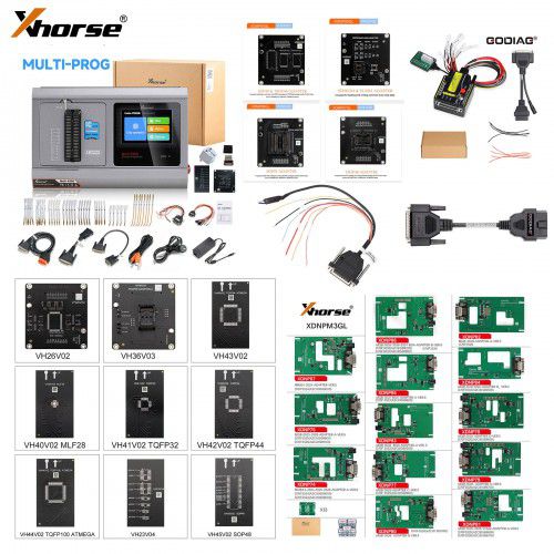 Xhorse Multi Prog Programmer + Exclusive Adapters + MQB48 Adapters + MQB-RH850 Adapter + GODIAG ECU GPT Boot AD and G-V ECU Cable Bundle Package Kit