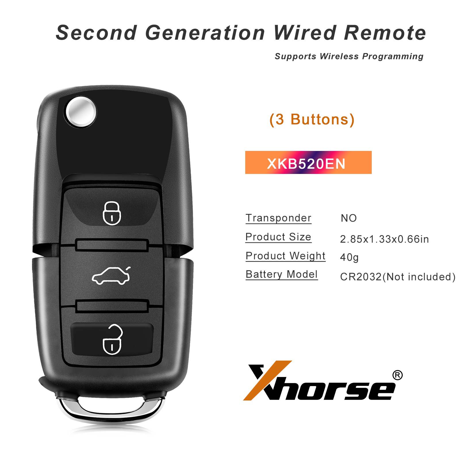 2025 Xhorse XKB520EN Second Generation Wire Remote Key VW B5 Flip 3 Buttons Supports Wireless Programming Universal Smart Key 5pcs/lot
