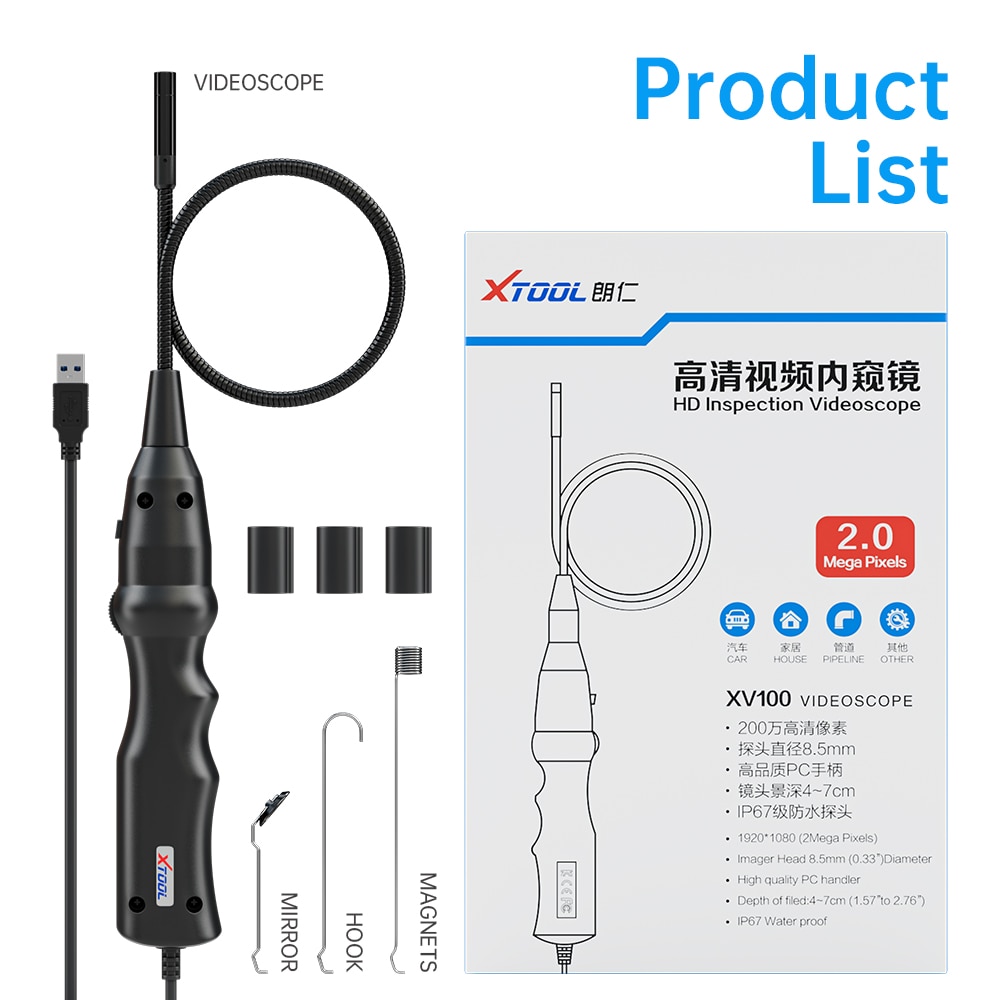 Newest XTOOL XV100 HD Flexible Snake Inspection Videoscope XV100 Connect with XTOOL tablet USB 3.0 1080P IP67 Waterproof 8 LEDs adjustable