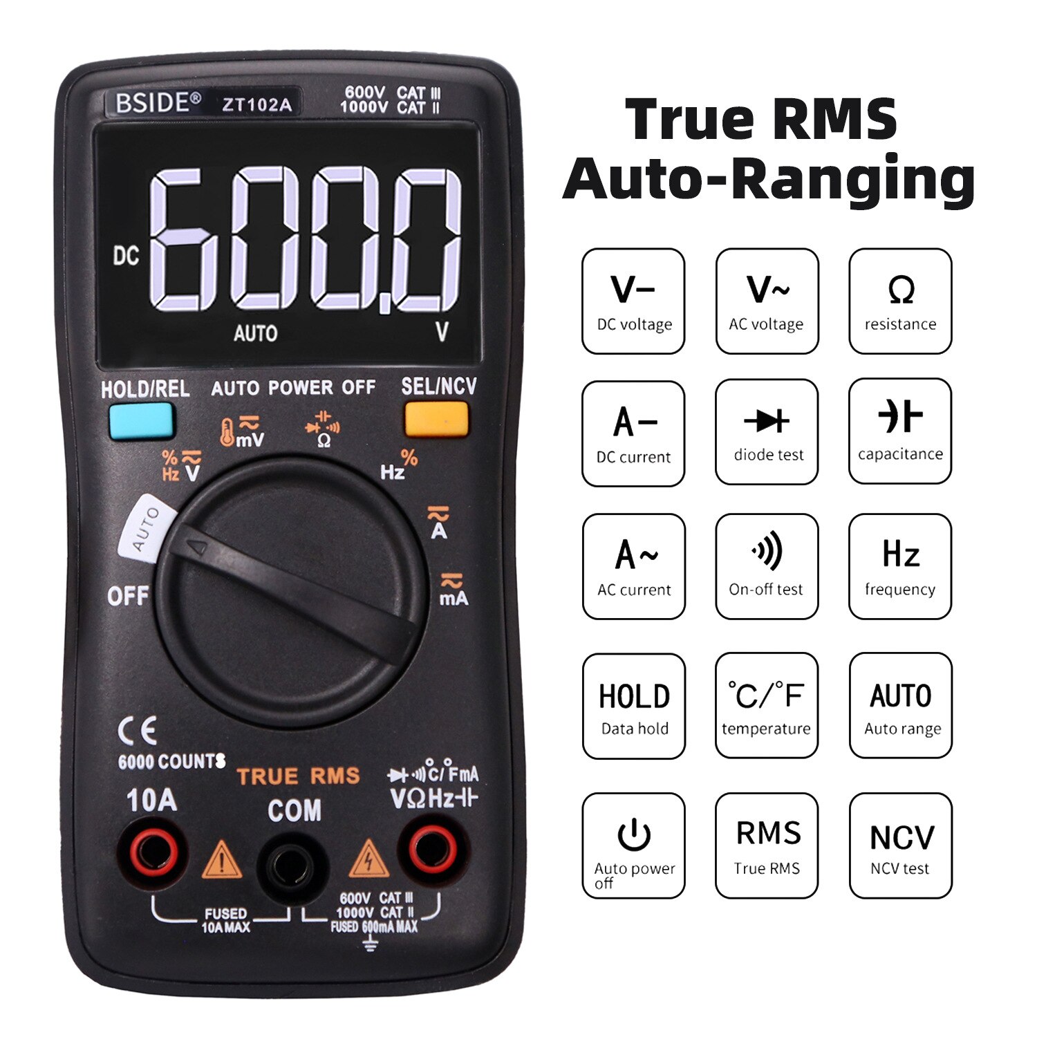 ZT102A Digital Multimeter 6000 Counts AC/DC Voltmeter Voltage Transistor Tester Frequency Temperature Meter 113D Backlight