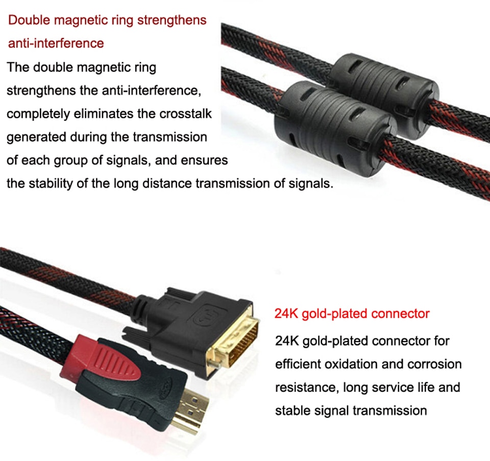 HDMI To DVI Cable 1080P Gold Plated Male to 24+1 Pin Mal