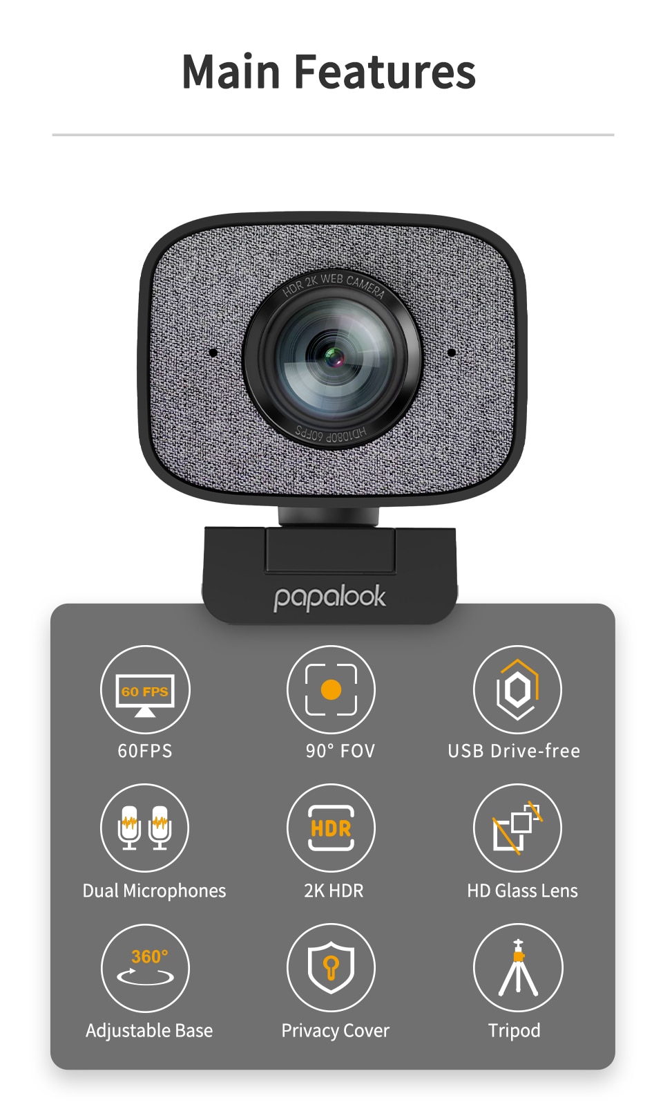 60FPS 1080P Webcam PC, PAPALOOK PA930 2K HDR Streaming L