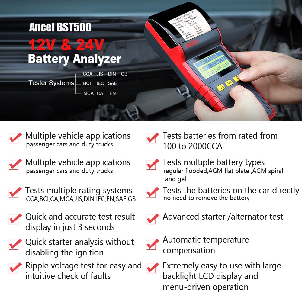 Ancel BST500 12V 24V Car Battery Tester