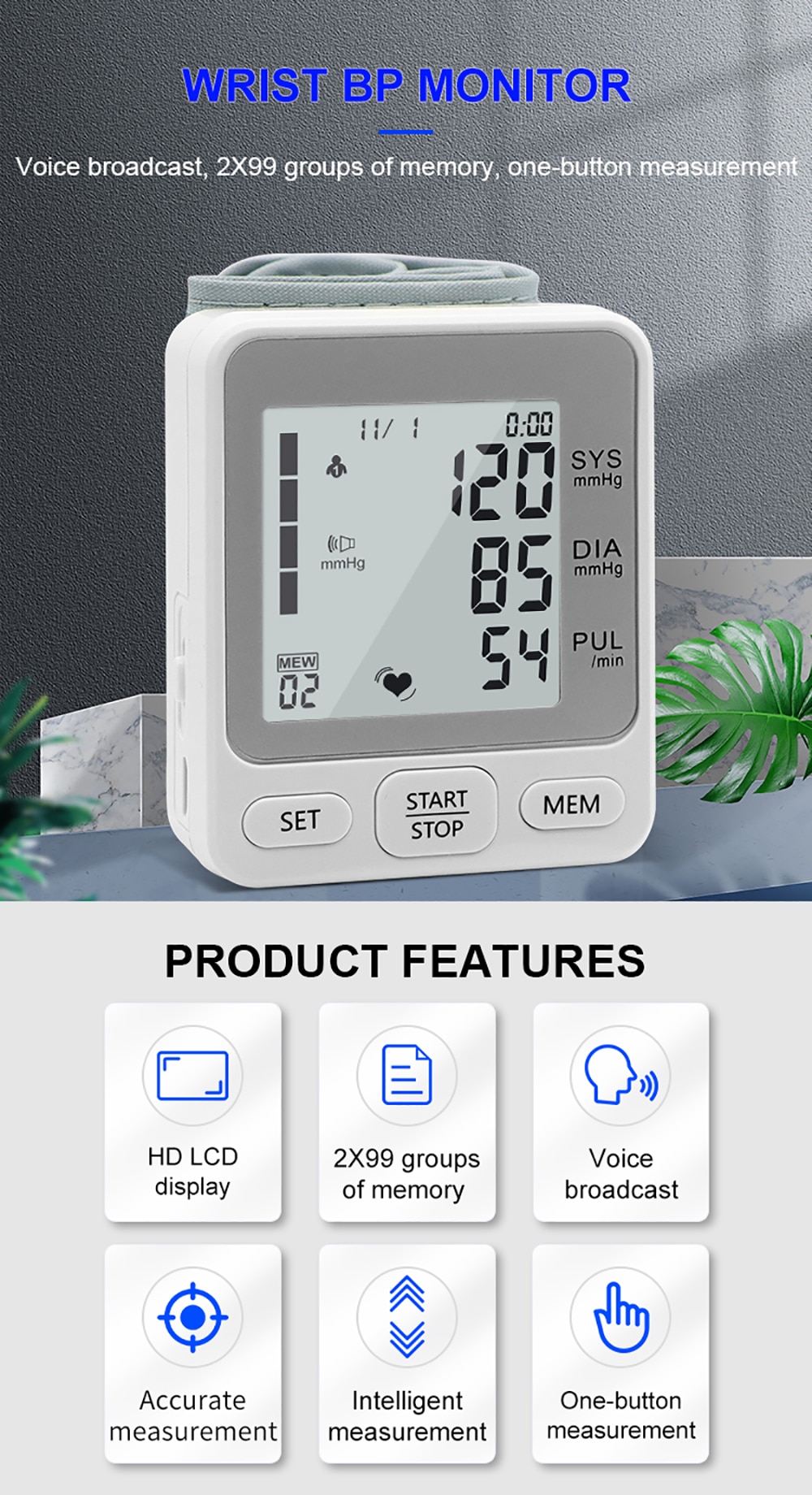 Rechargeable Voice Wrist Blood Pressure Monitor 