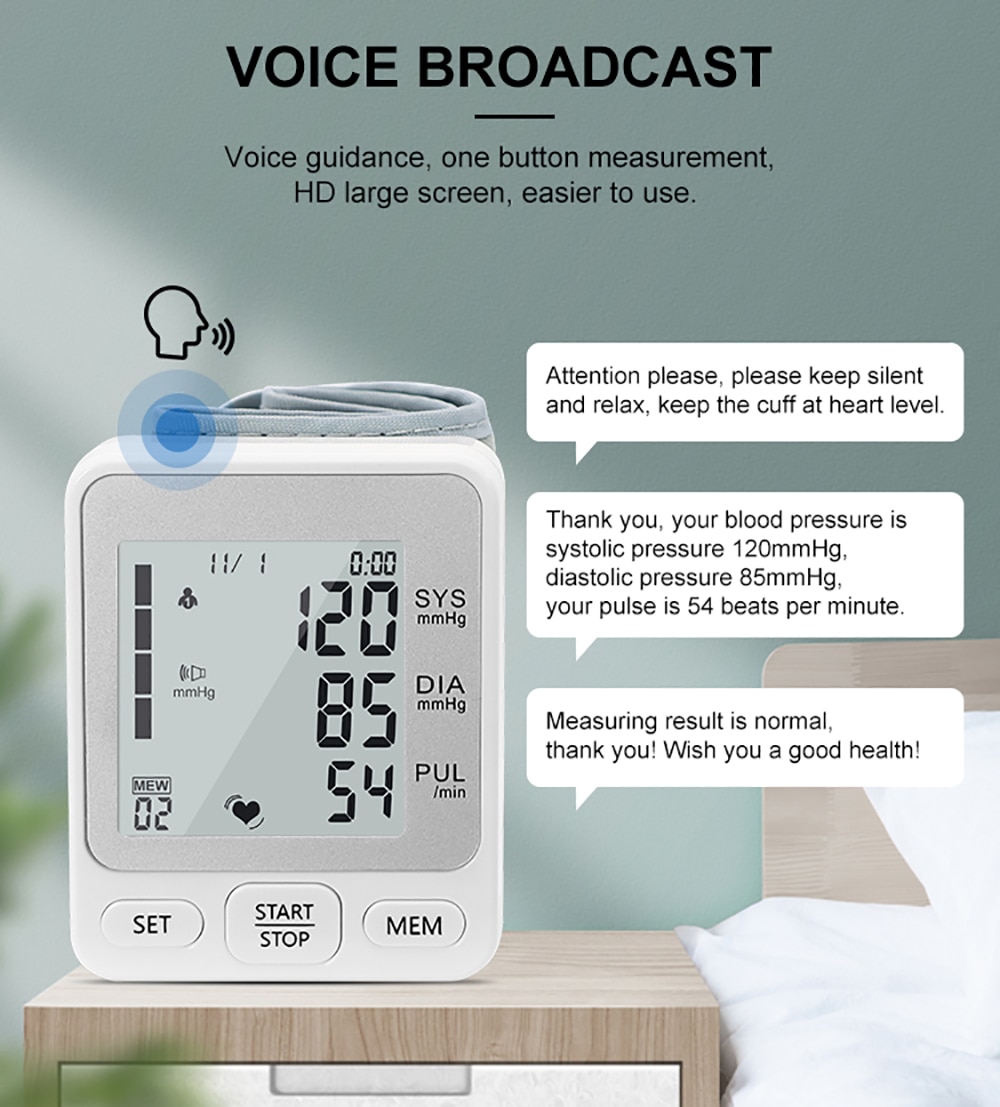 Rechargeable Voice Wrist Blood Pressure Monitor 