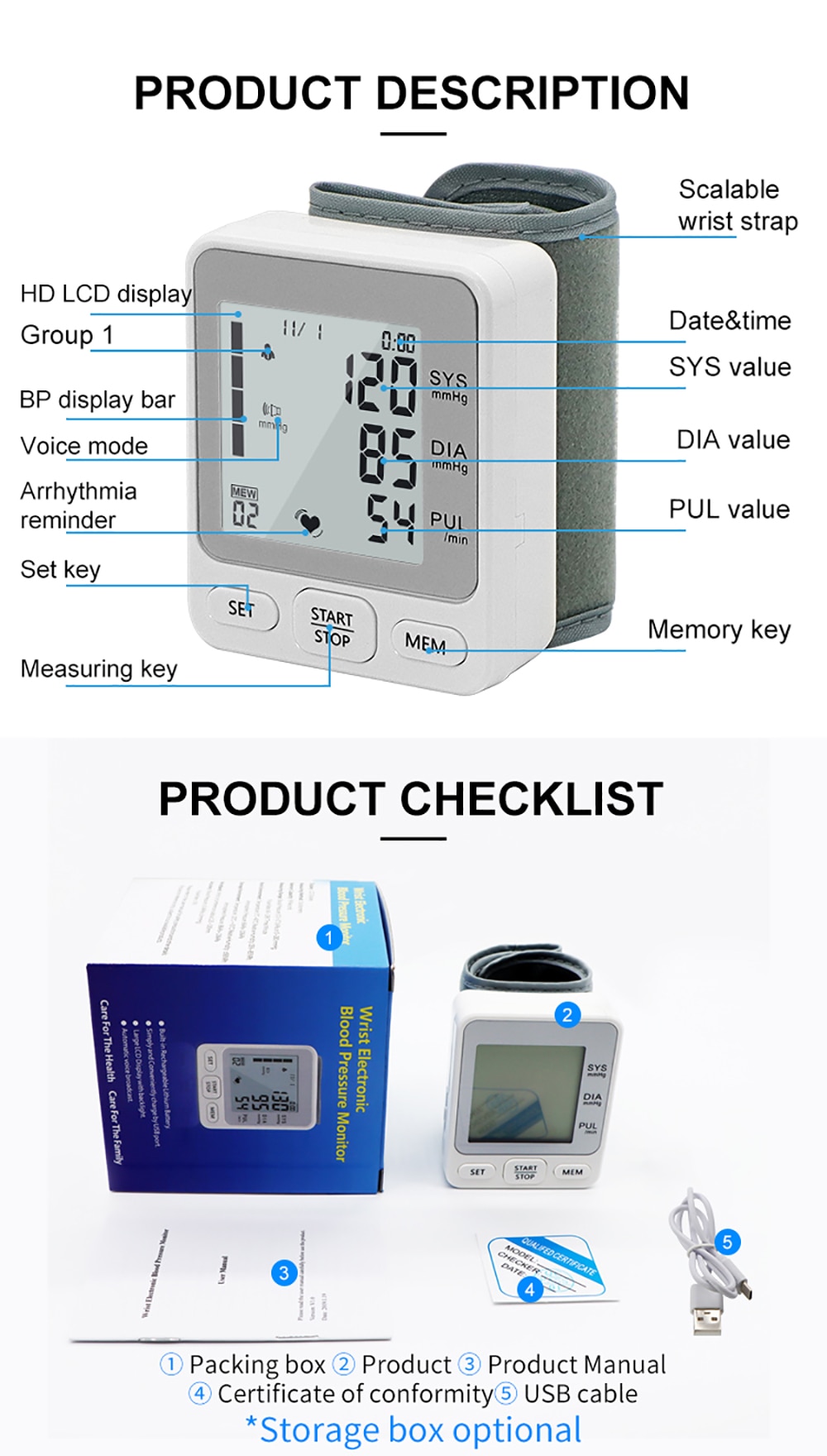 Rechargeable Voice Wrist Blood Pressure Monitor 