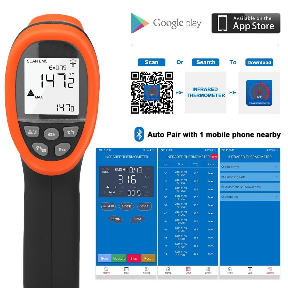 BT-985C-APP Bluetooth 12:1 Digital Infrared Thermometer