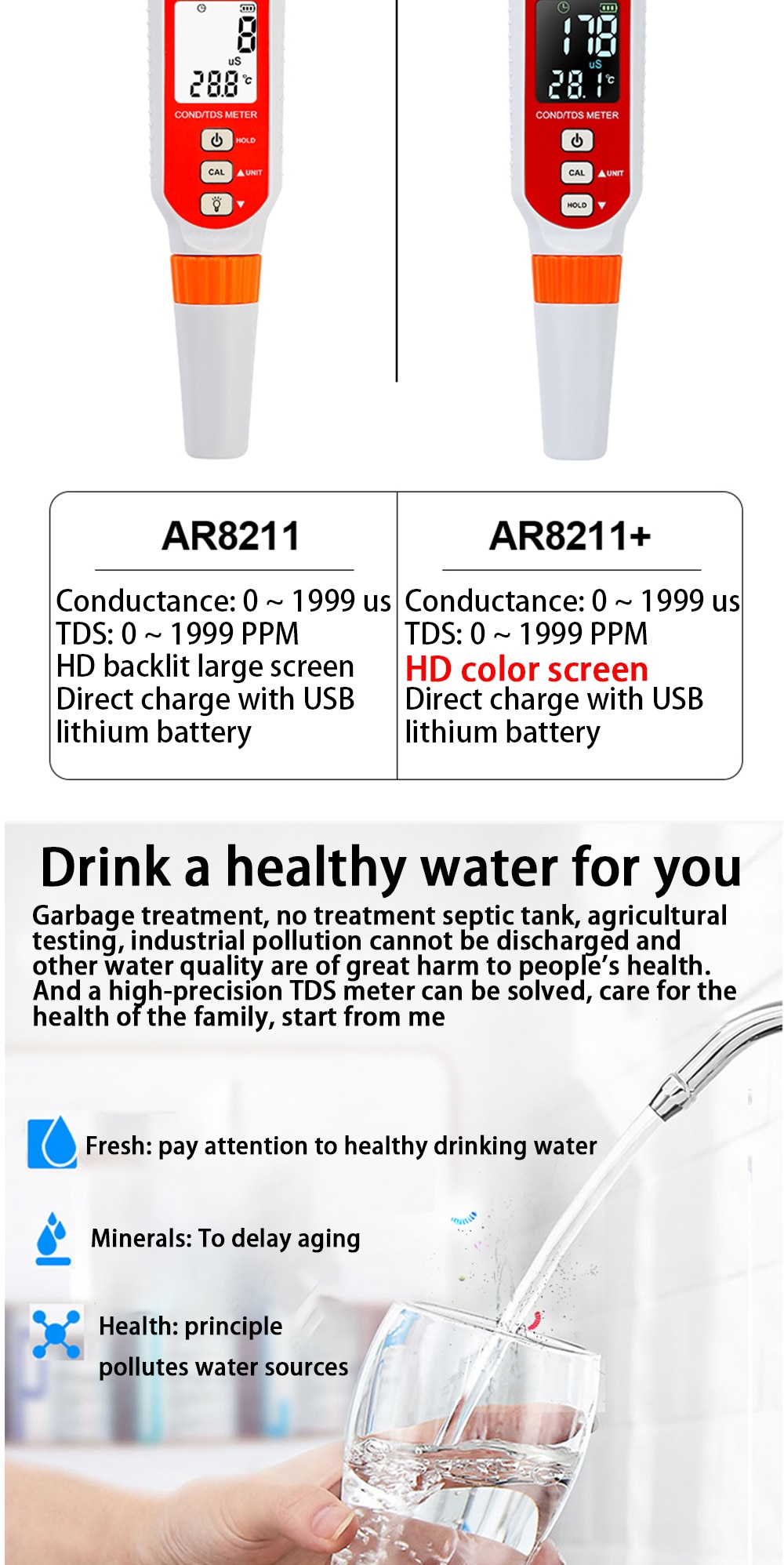 AR8211+/ AR8211 Digital Pen-type Conductivity/TDS Meter