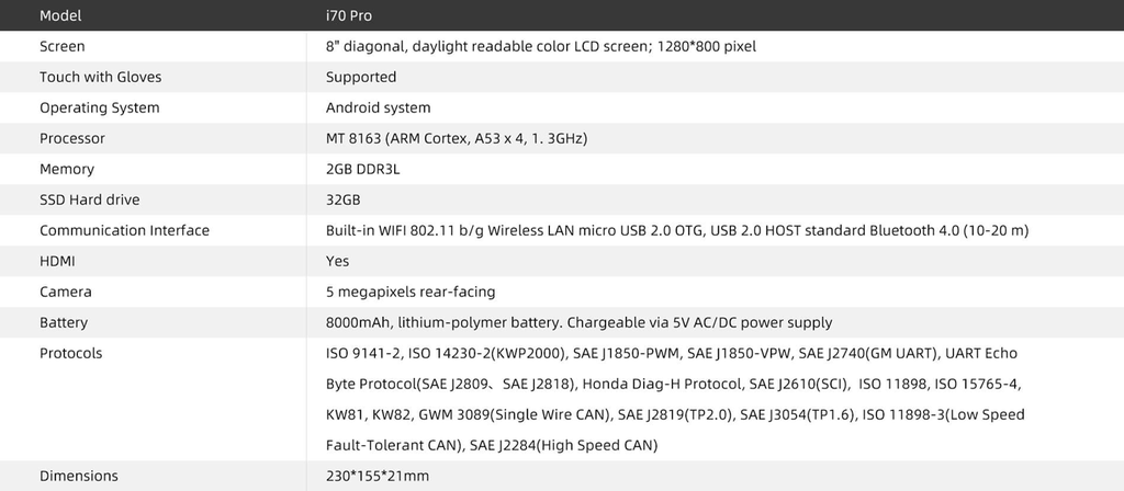 Foxwell i70Pro Specification