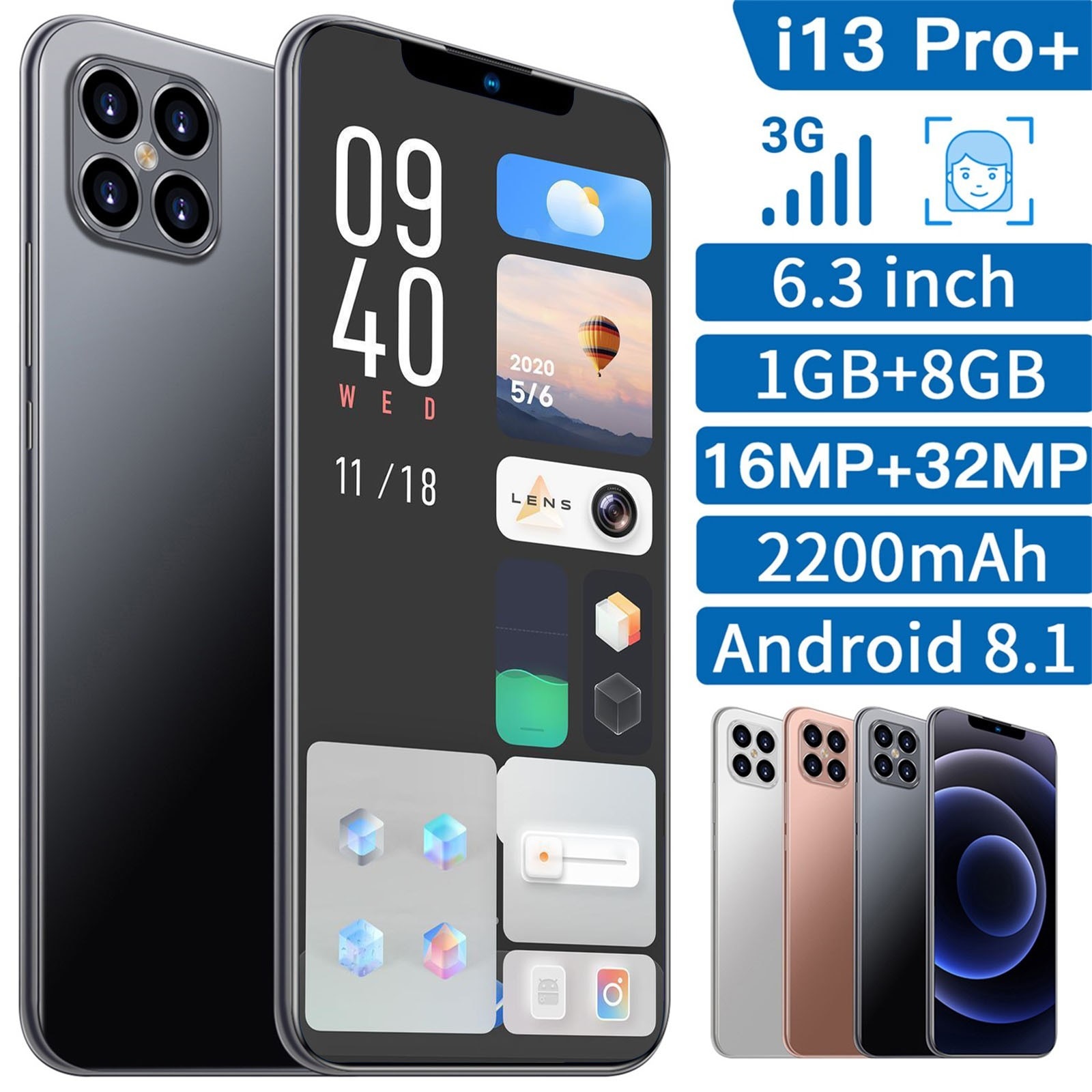 i13 Pro+1GB+8GB Android 8.1 Smartphone Quad-Core 6.3 Inc