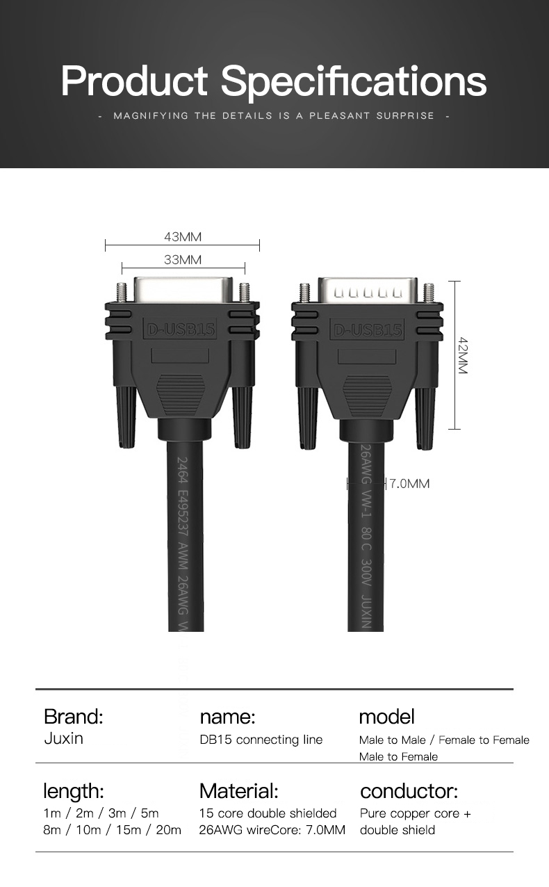 Industrial-grade DB15 cable Male to male to female to fe