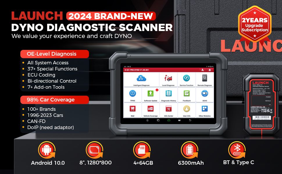 Launch X431 PRO DYNO Bidirectional Diagnostic Scanner 37+ Special Functions Support ECU Coding CAN-FD DoIP 