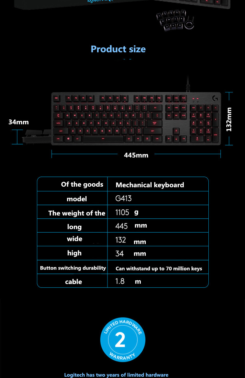 Logitech G413 Gaming Keyboard Backlight Slim Full-Size B