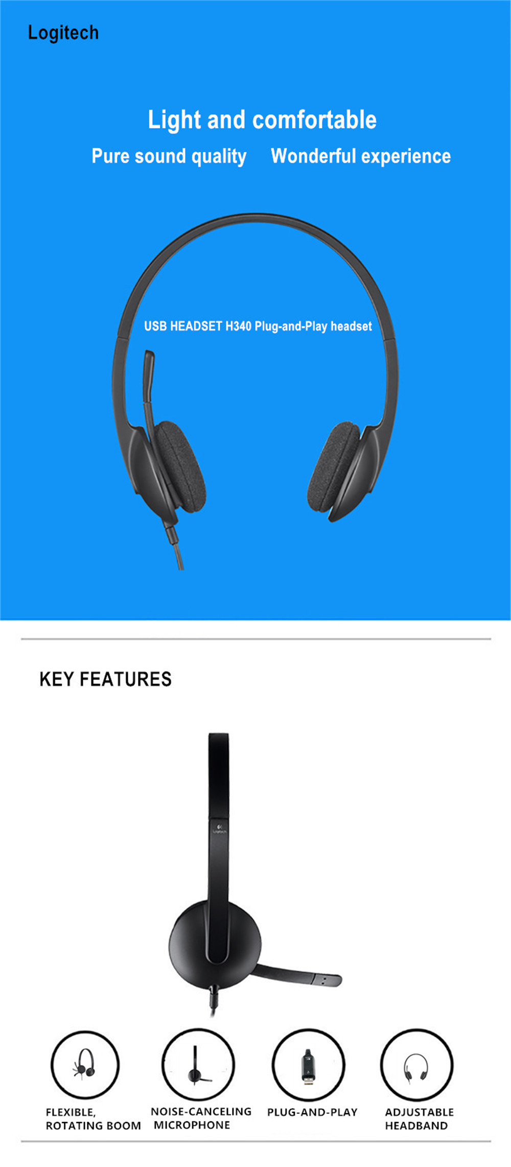 Logitech H340 Wired Headset USB Computer 
