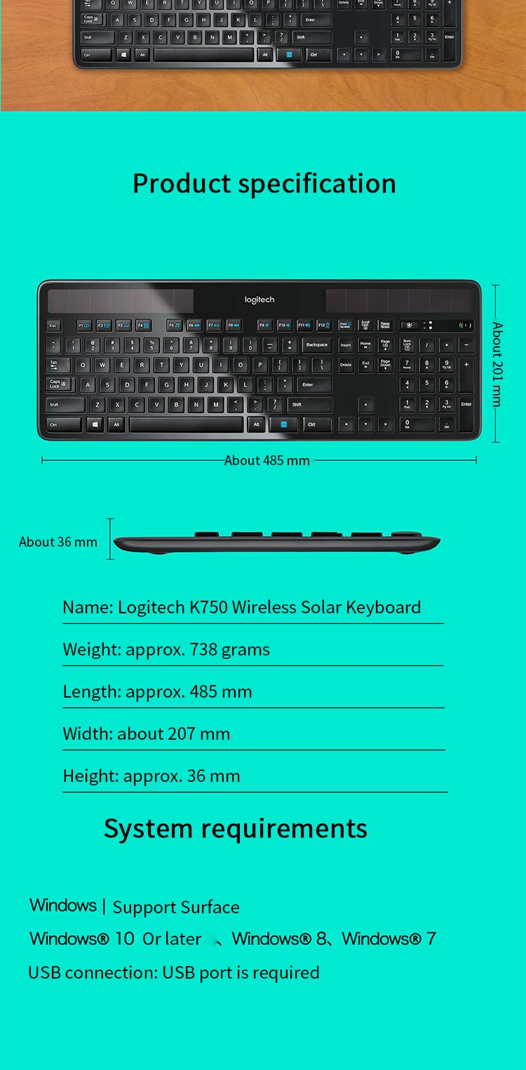 Logitech K750 Wireless Keyboard Solar Light Powered Keyb