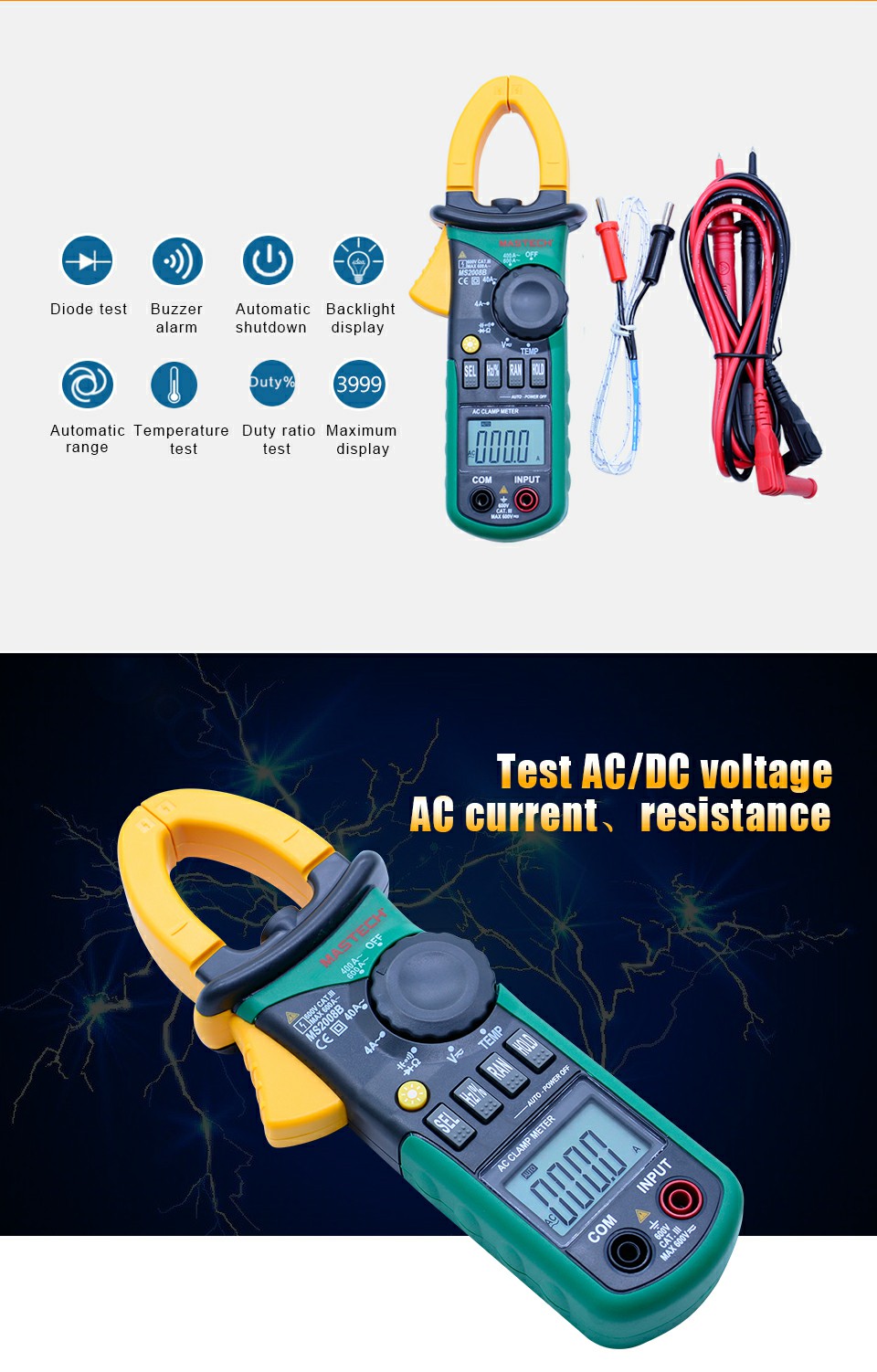 MS2008B Auto Manual Range Digital Clamp AC Volt Current 