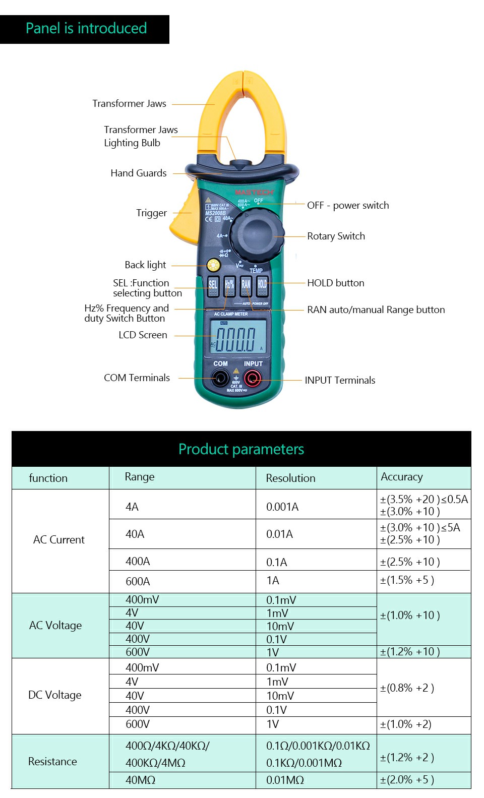 MS2008B Auto Manual Range Digital Clamp AC Volt Current 