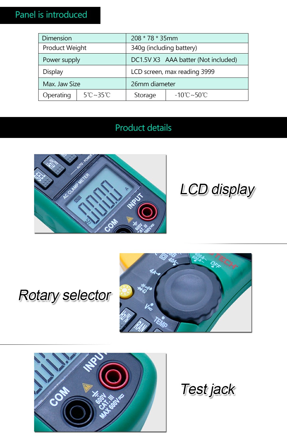 MS2008B Auto Manual Range Digital Clamp AC Volt Current 