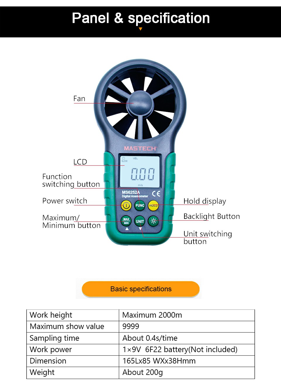 MS6252A Handheld Digital Anemometer Wind Speed Meter