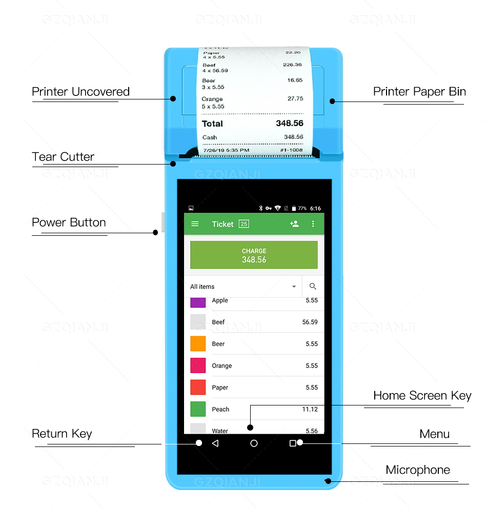 PDA POS Handheld device Pos terminal built in thermal bl