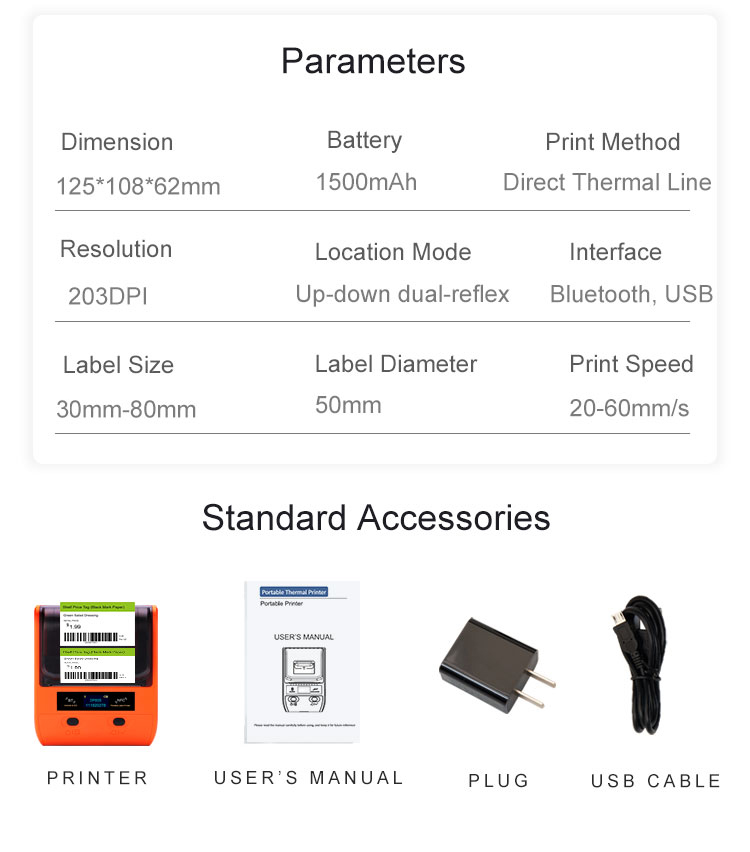 DP80S 30-80mm Mini Portable Thermal Printer 