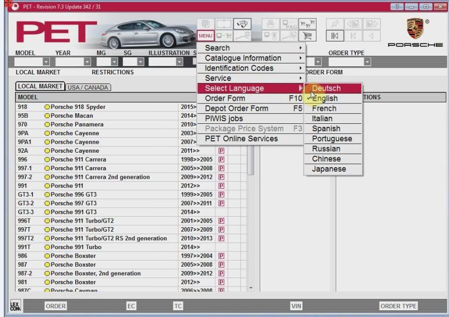 2015.07V Spare Parts Catalog for Porsche Cars Supported Languages