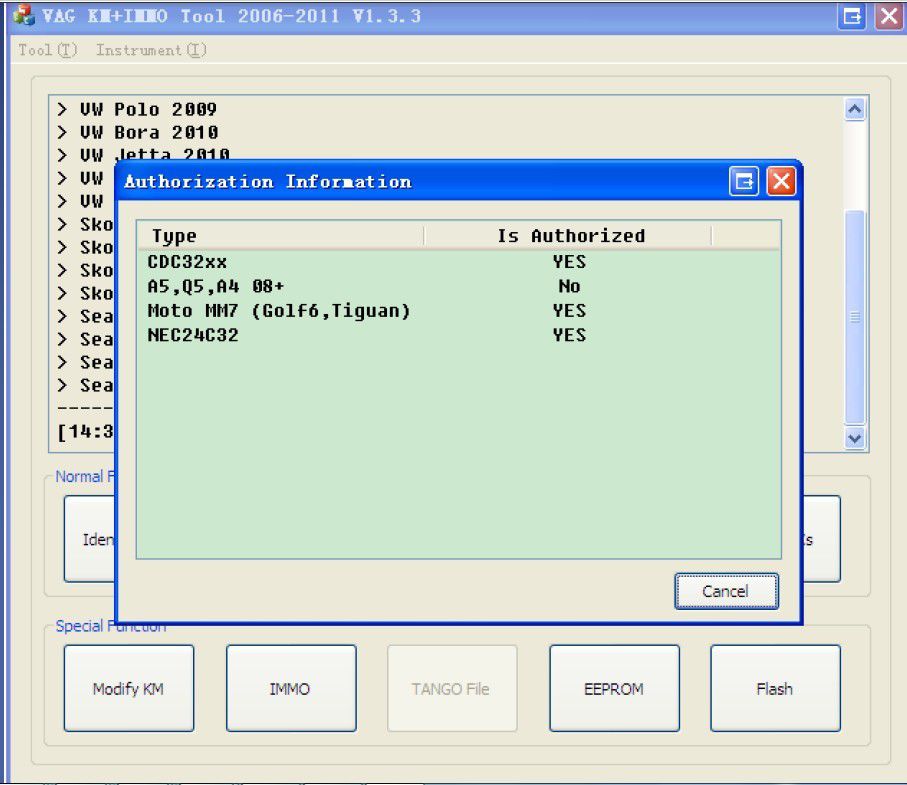 VAG KM+IMMO tool software display 8