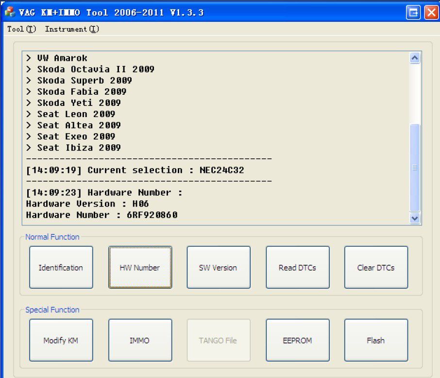 VAG KM+IMMO tool software display 3